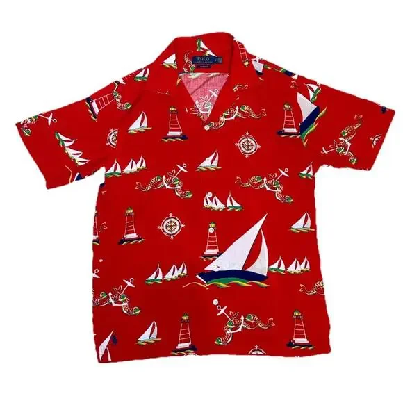 Polo Ralph Lauren Custom Fit Mens S Nautical Button Up Shirt Short Sleeve Red - Picture 2 of 7